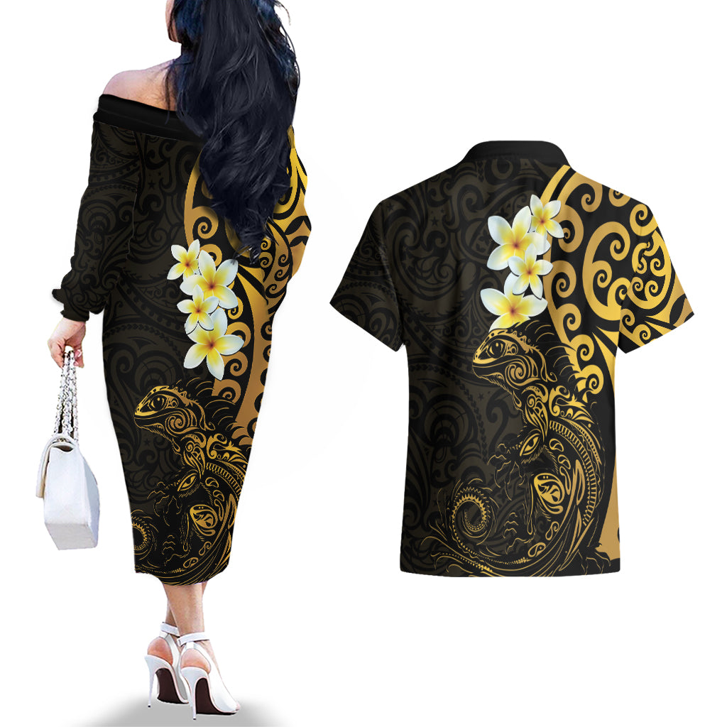 New Zealand Tuatara Plumeria Couples Matching Off The Shoulder Long Sleeve Dress and Hawaiian Shirt Maori Gold Koru Tribal Tattoo LT01 - Polynesian Pride