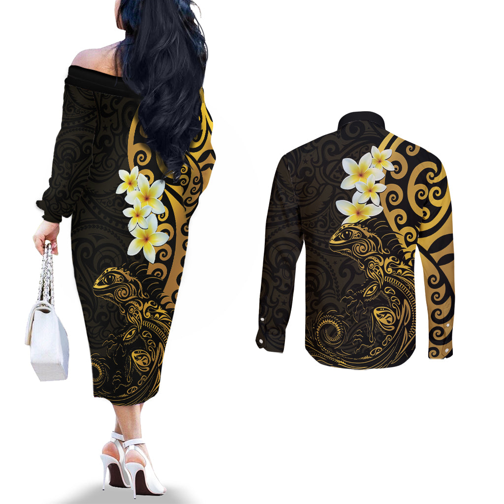New Zealand Tuatara Plumeria Couples Matching Off The Shoulder Long Sleeve Dress and Long Sleeve Button Shirt Maori Gold Koru Tribal Tattoo LT01 - Polynesian Pride