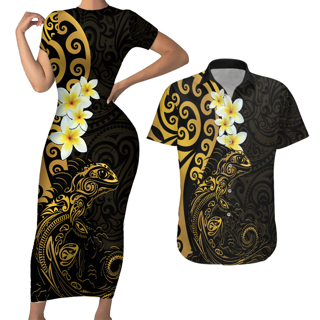 New Zealand Tuatara Plumeria Couples Matching Short Sleeve Bodycon Dress and Hawaiian Shirt Maori Gold Koru Tribal Tattoo LT01 Gold - Polynesian Pride