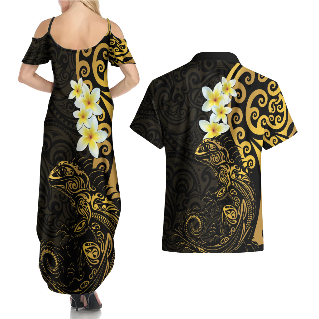 New Zealand Tuatara Plumeria Couples Matching Summer Maxi Dress and Hawaiian Shirt Maori Gold Koru Tribal Tattoo LT01 - Polynesian Pride