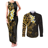 New Zealand Tuatara Plumeria Couples Matching Tank Maxi Dress and Long Sleeve Button Shirt Maori Gold Koru Tribal Tattoo LT01 Gold - Polynesian Pride