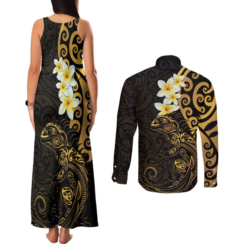 New Zealand Tuatara Plumeria Couples Matching Tank Maxi Dress and Long Sleeve Button Shirt Maori Gold Koru Tribal Tattoo LT01 - Polynesian Pride