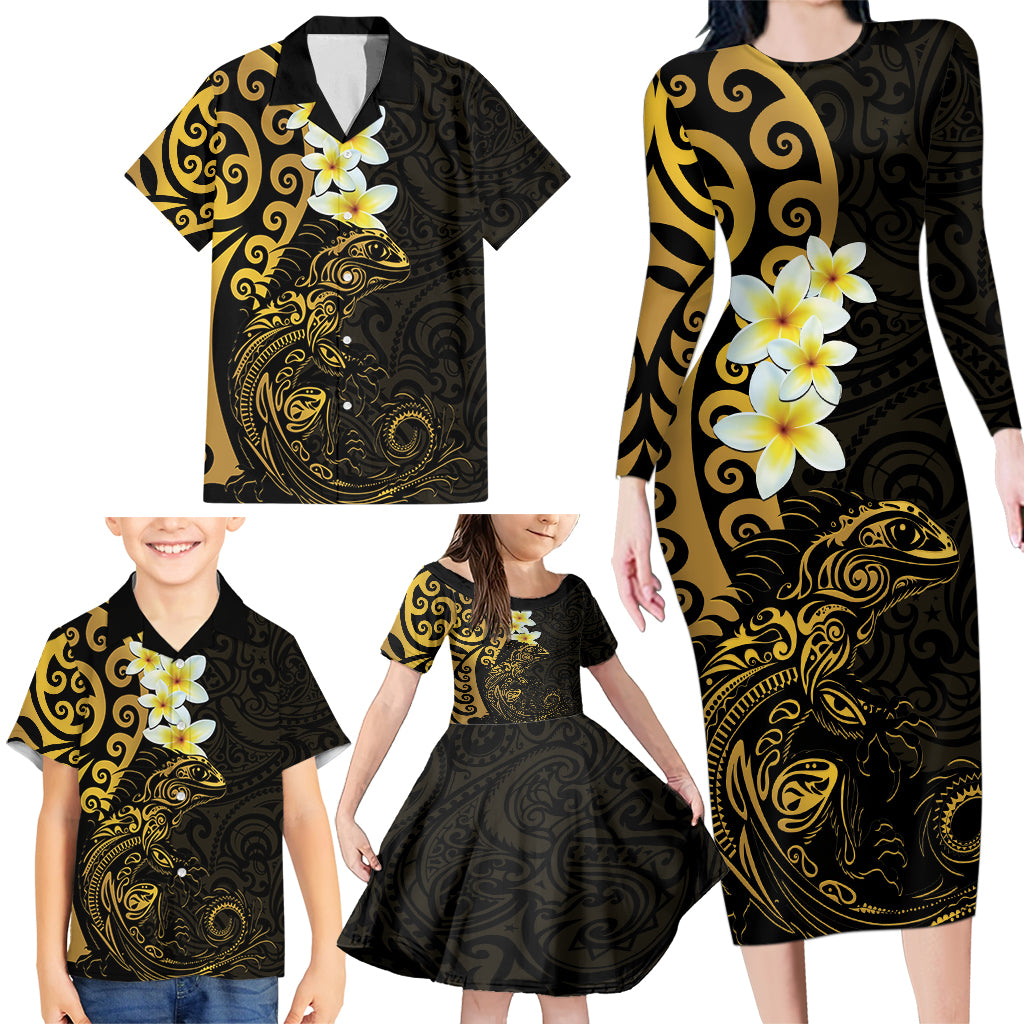 New Zealand Tuatara Plumeria Family Matching Long Sleeve Bodycon Dress and Hawaiian Shirt Maori Gold Koru Tribal Tattoo LT01 - Polynesian Pride