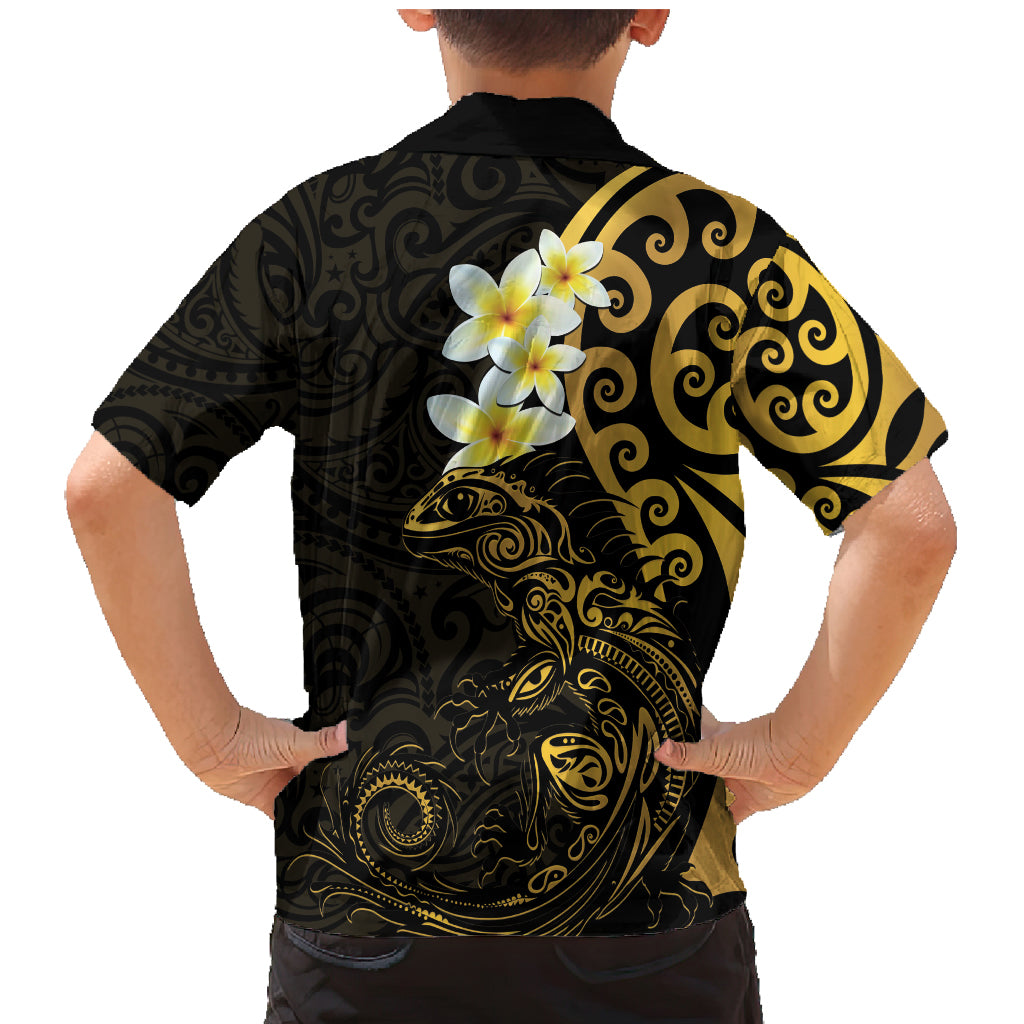 New Zealand Tuatara Plumeria Family Matching Mermaid Dress and Hawaiian Shirt Maori Gold Koru Tribal Tattoo LT01 - Polynesian Pride