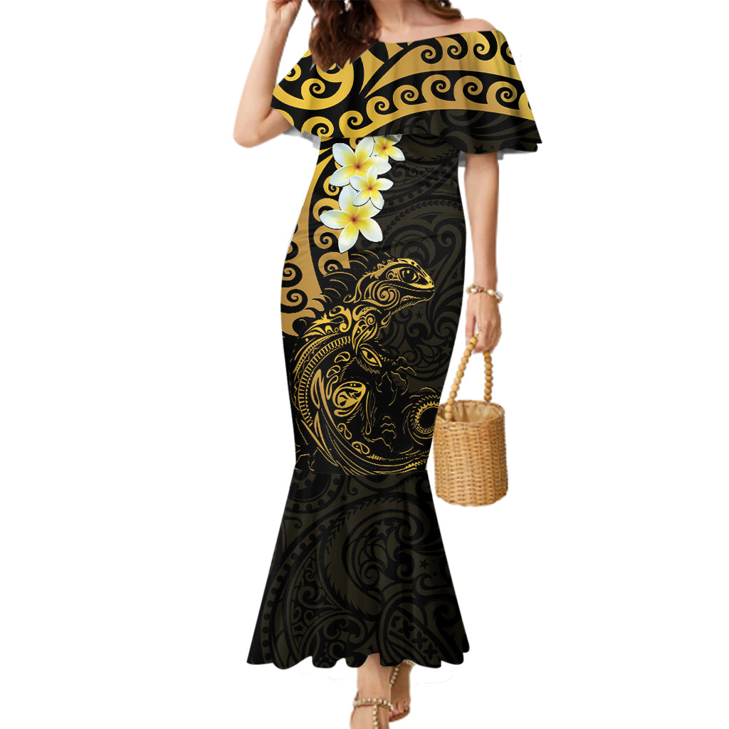 New Zealand Tuatara Plumeria Family Matching Mermaid Dress and Hawaiian Shirt Maori Gold Koru Tribal Tattoo LT01 Mom's Dress Gold - Polynesian Pride