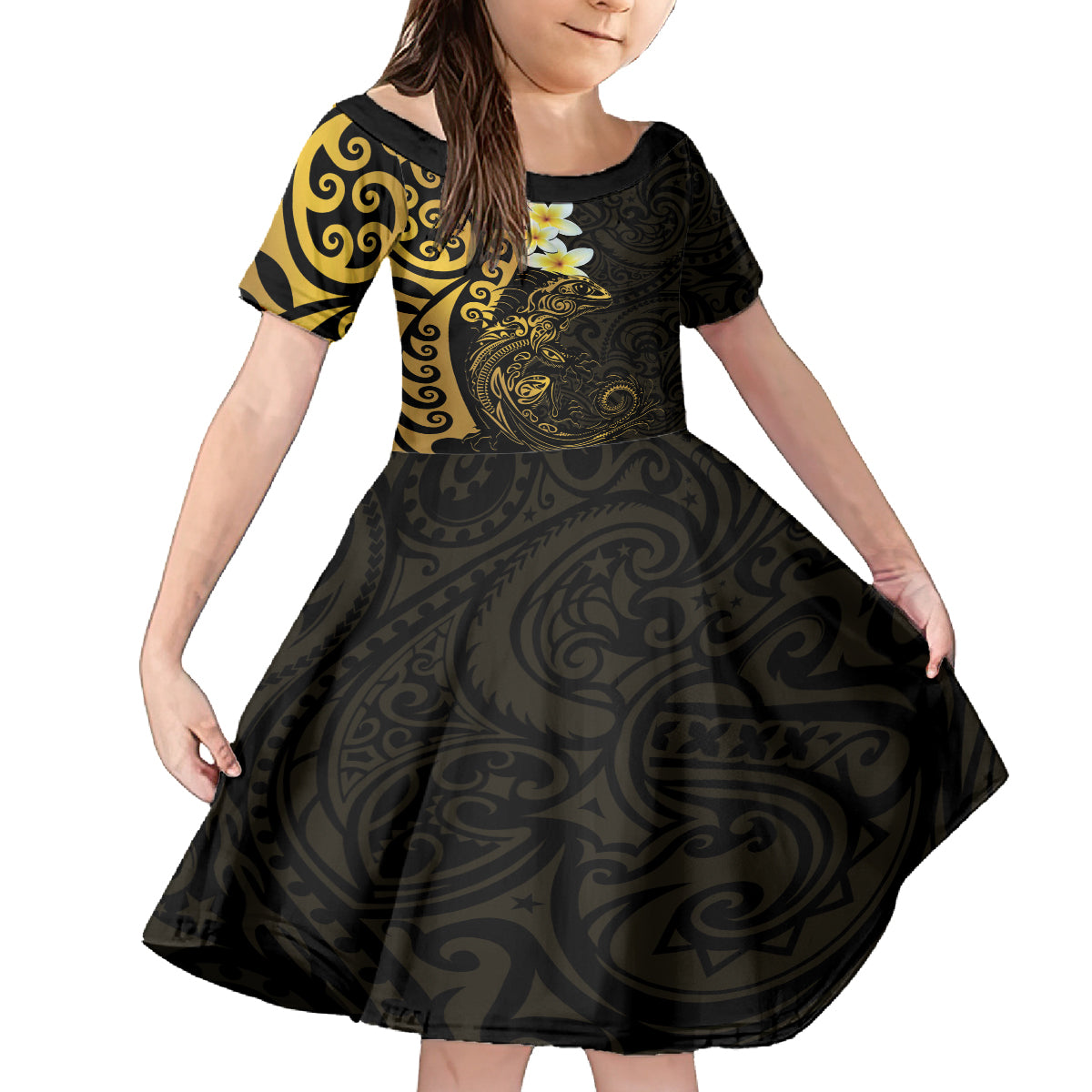 New Zealand Tuatara Plumeria Family Matching Off The Shoulder Long Sleeve Dress and Hawaiian Shirt Maori Gold Koru Tribal Tattoo LT01 Daughter's Dress Gold - Polynesian Pride