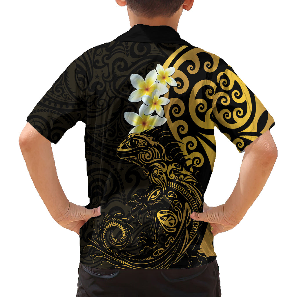 New Zealand Tuatara Plumeria Family Matching Off Shoulder Short Dress and Hawaiian Shirt Maori Gold Koru Tribal Tattoo LT01 - Polynesian Pride