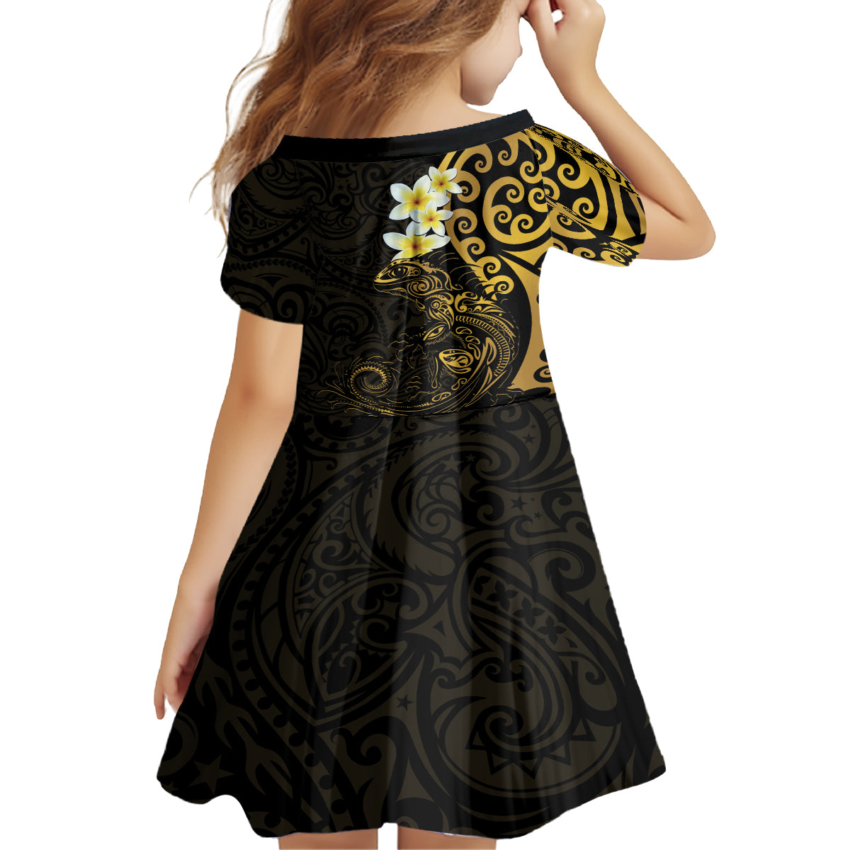 New Zealand Tuatara Plumeria Family Matching Puletasi and Hawaiian Shirt Maori Gold Koru Tribal Tattoo LT01 - Polynesian Pride