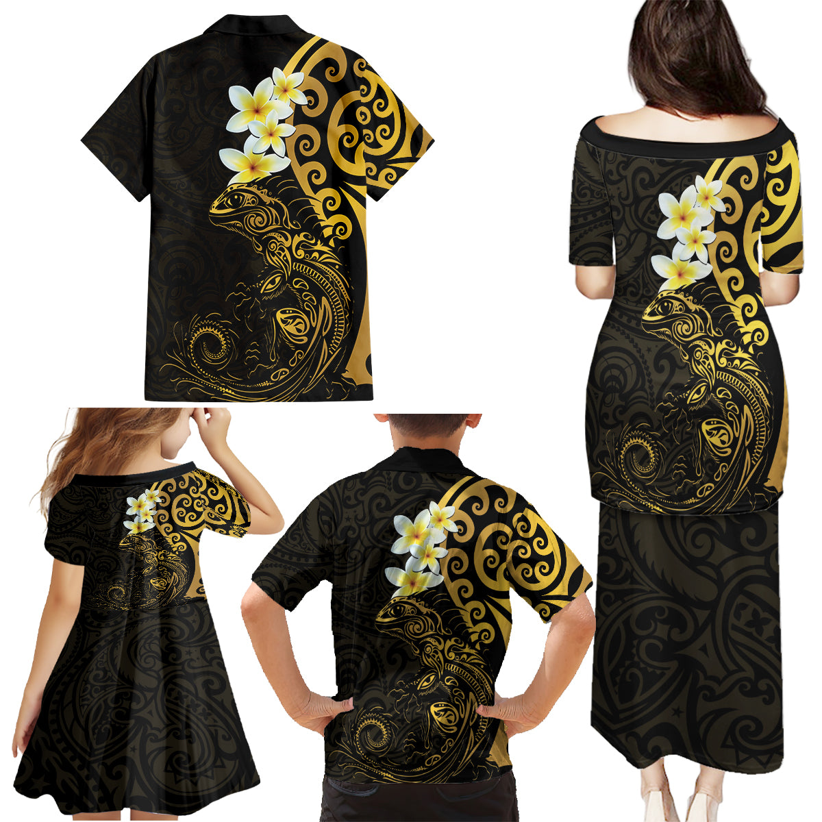 New Zealand Tuatara Plumeria Family Matching Puletasi and Hawaiian Shirt Maori Gold Koru Tribal Tattoo LT01 - Polynesian Pride
