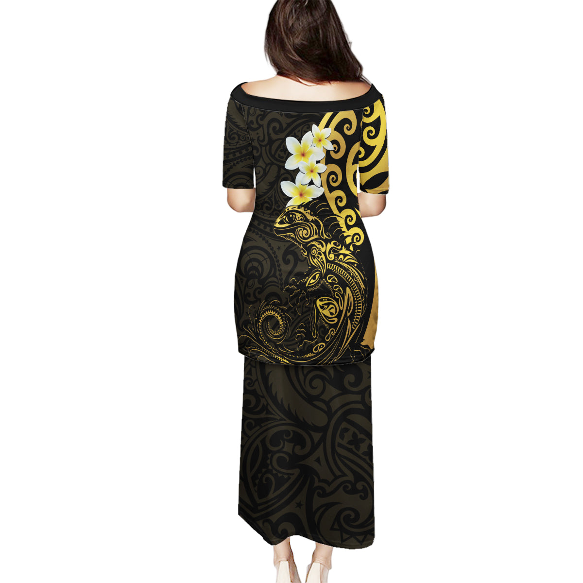 New Zealand Tuatara Plumeria Family Matching Puletasi and Hawaiian Shirt Maori Gold Koru Tribal Tattoo LT01 - Polynesian Pride