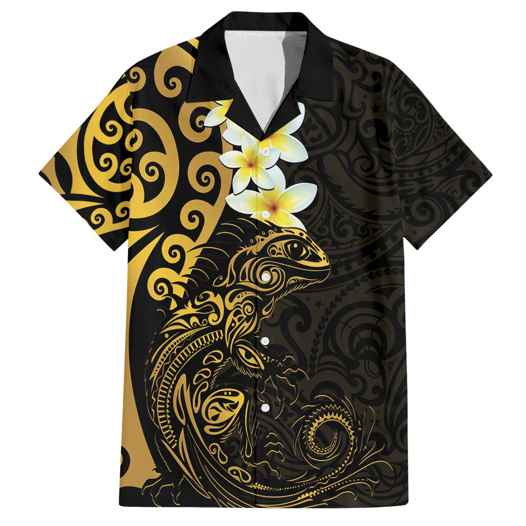 New Zealand Tuatara Plumeria Family Matching Summer Maxi Dress and Hawaiian Shirt Maori Gold Koru Tribal Tattoo LT01 Dad's Shirt - Short Sleeve Gold - Polynesian Pride