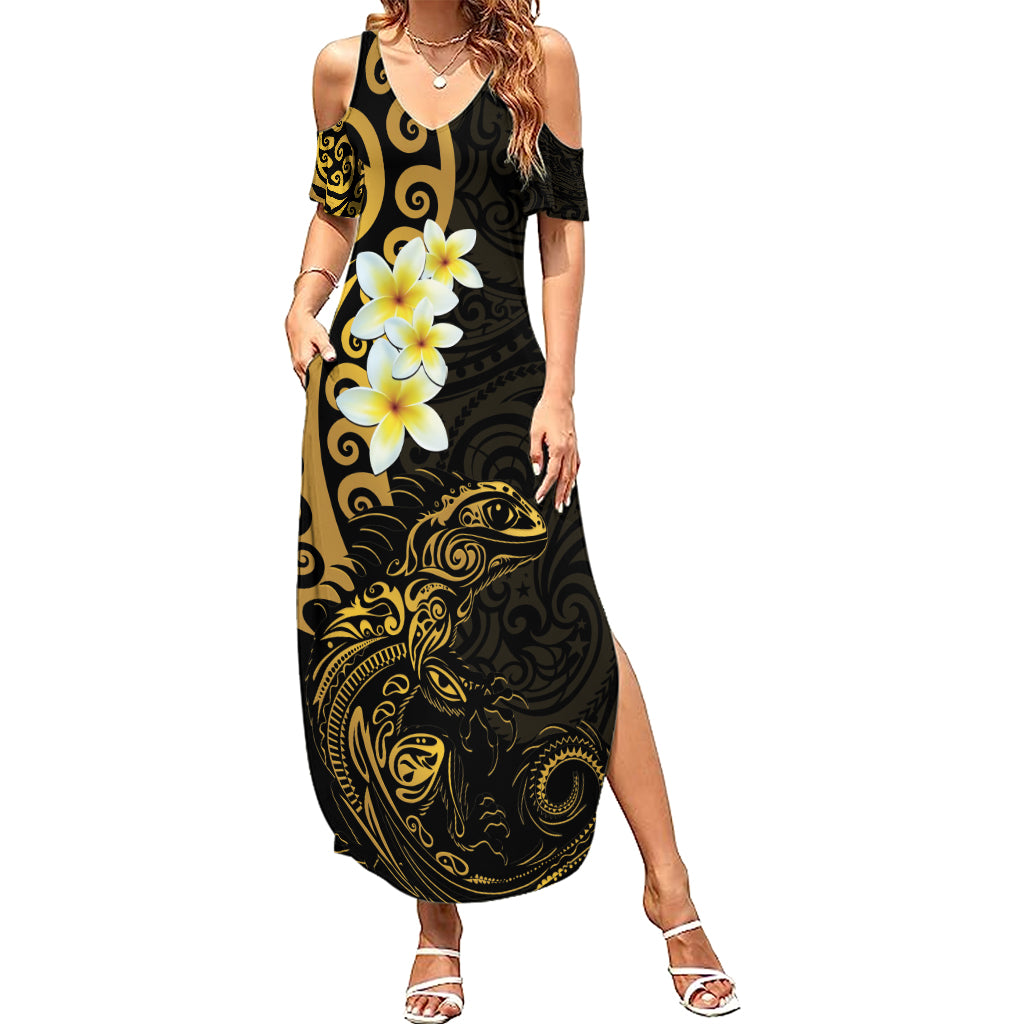 New Zealand Tuatara Plumeria Family Matching Summer Maxi Dress and Hawaiian Shirt Maori Gold Koru Tribal Tattoo LT01 Mom's Dress Gold - Polynesian Pride