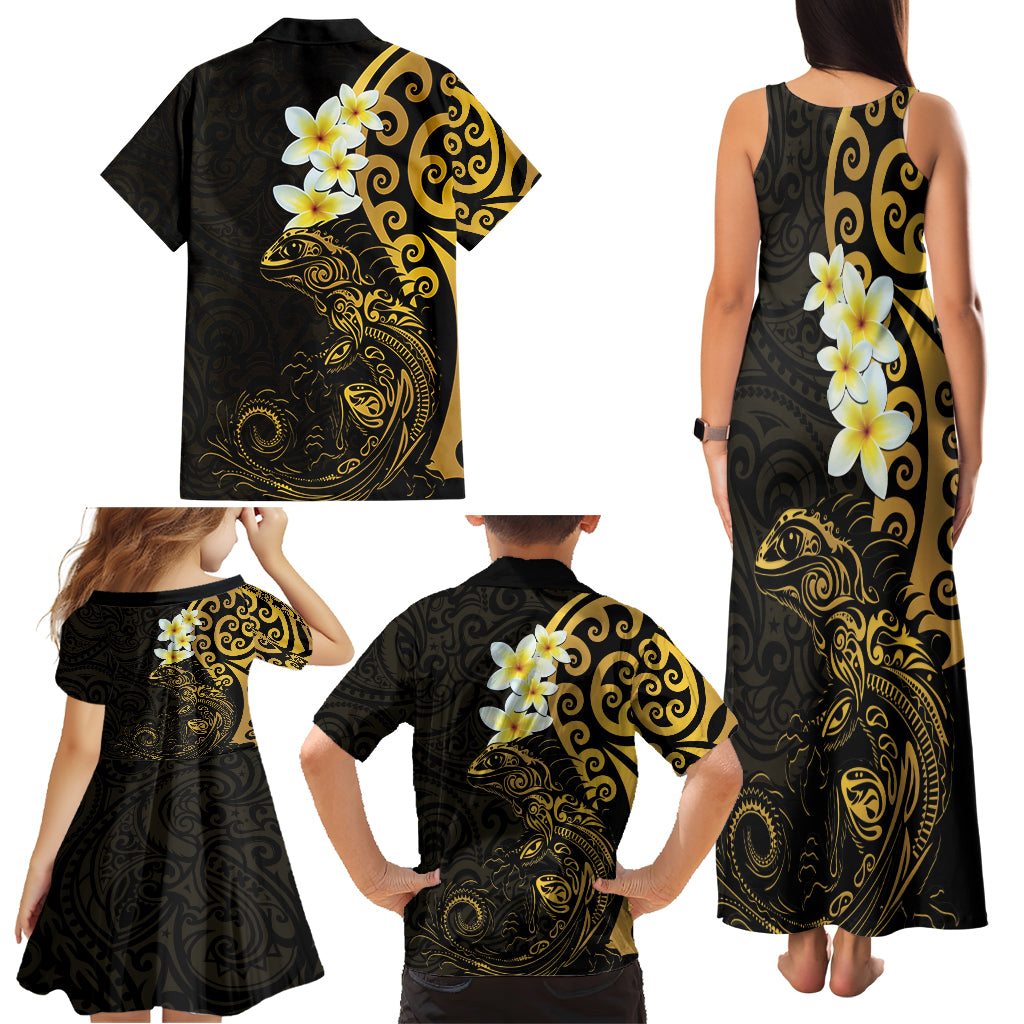 New Zealand Tuatara Plumeria Family Matching Tank Maxi Dress and Hawaiian Shirt Maori Gold Koru Tribal Tattoo LT01 - Polynesian Pride