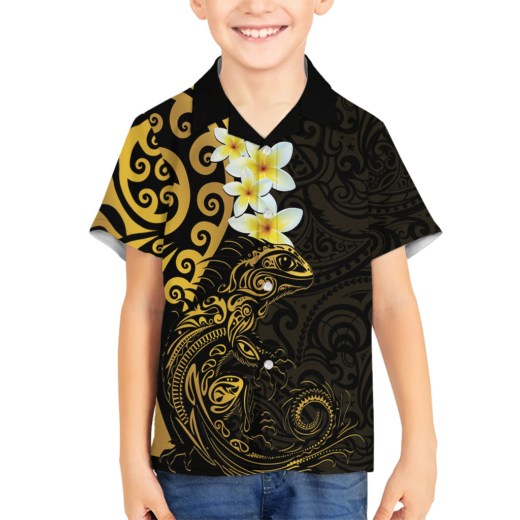 New Zealand Tuatara Plumeria Family Matching Tank Maxi Dress and Hawaiian Shirt Maori Gold Koru Tribal Tattoo LT01 Son's Shirt Gold - Polynesian Pride