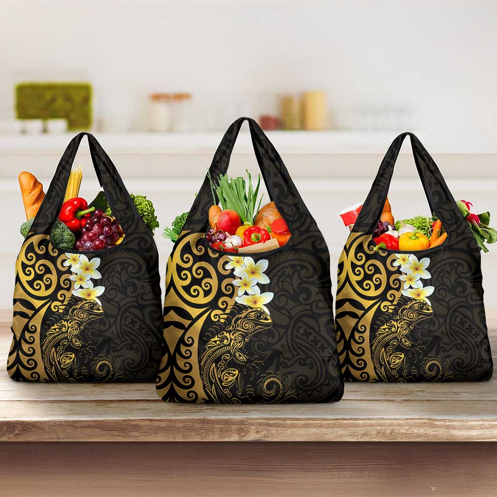 New Zealand Tuatara Plumeria Grocery Bag Maori Gold Koru Tribal Tattoo LT01 3-pack One Size Gold - Polynesian Pride
