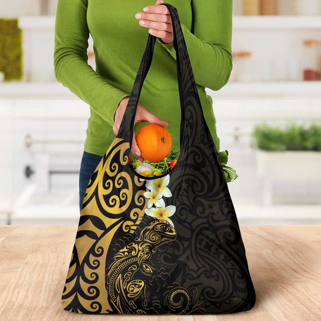 New Zealand Tuatara Plumeria Grocery Bag Maori Gold Koru Tribal Tattoo LT01 - Polynesian Pride