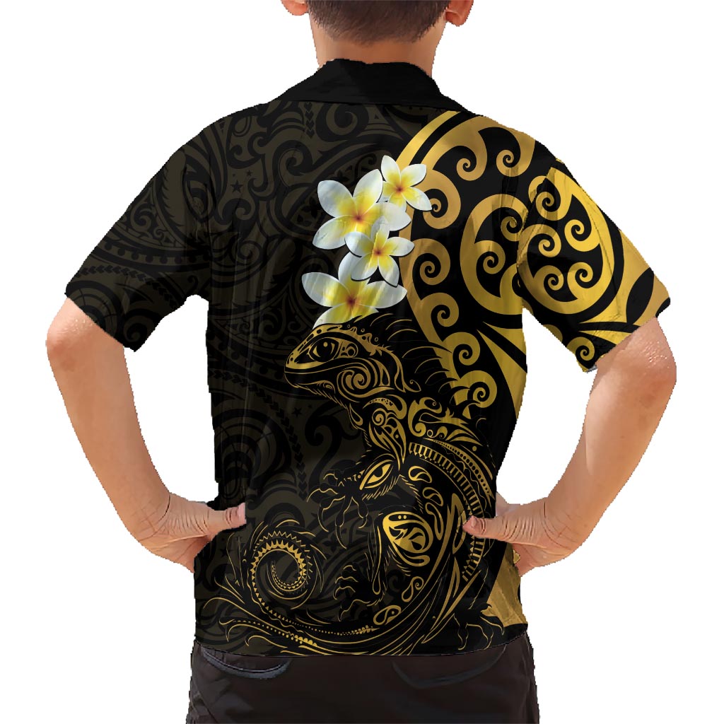 New Zealand Tuatara Plumeria Hawaiian Shirt Maori Gold Koru Tribal Tattoo LT01 - Polynesian Pride