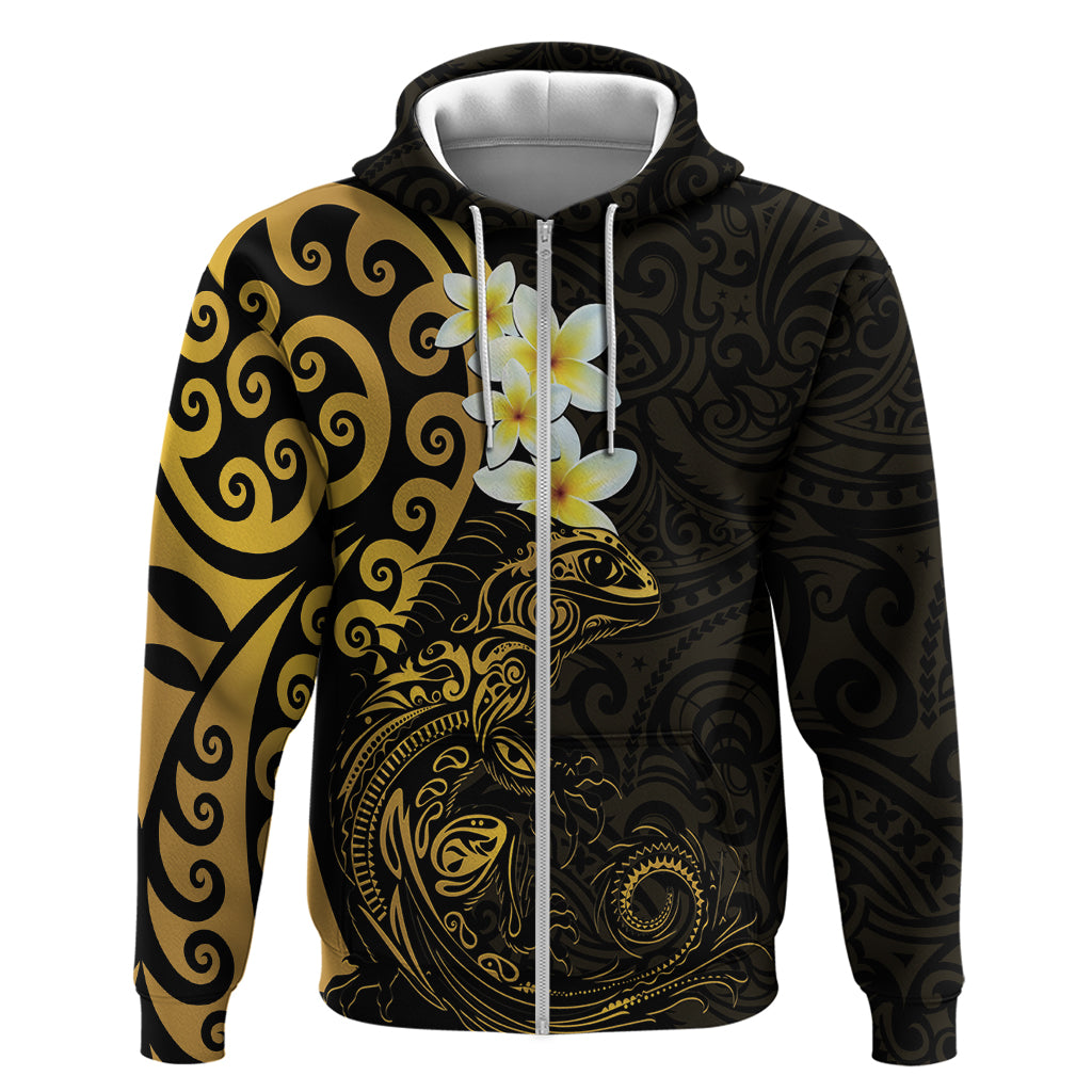 New Zealand Tuatara Plumeria Hoodie Maori Gold Koru Tribal Tattoo LT01 Zip Hoodie Gold - Polynesian Pride