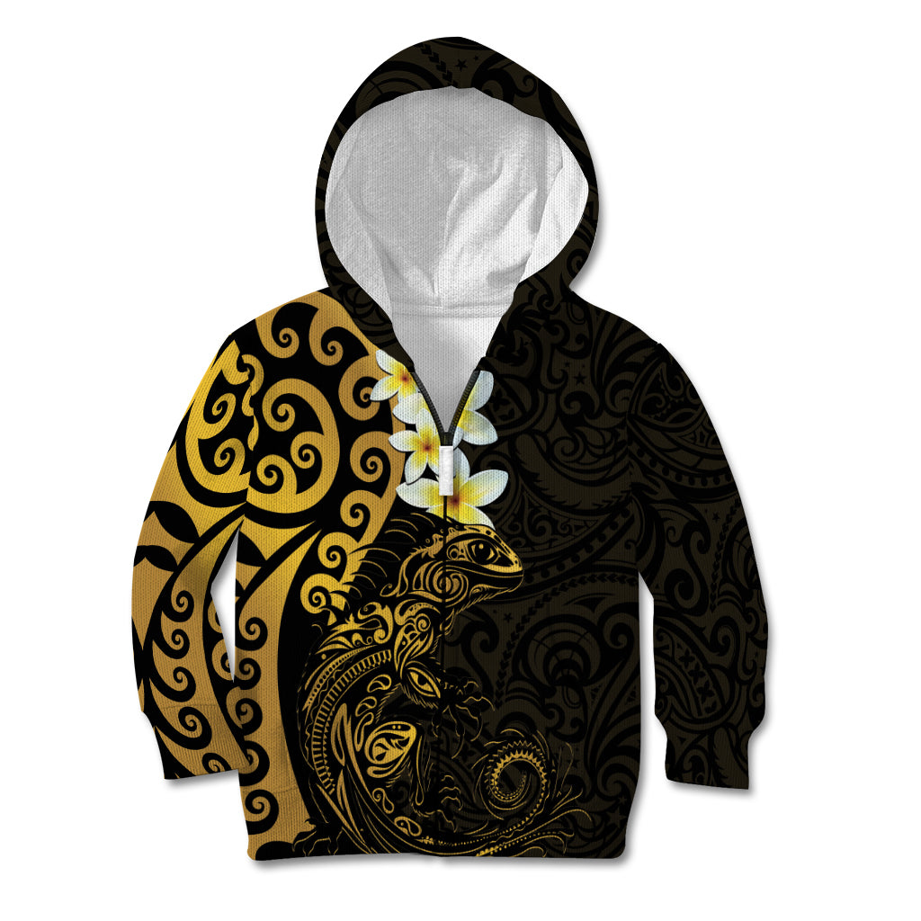 New Zealand Tuatara Plumeria Kid Hoodie Maori Gold Koru Tribal Tattoo LT01 Zip Hoodie Gold - Polynesian Pride