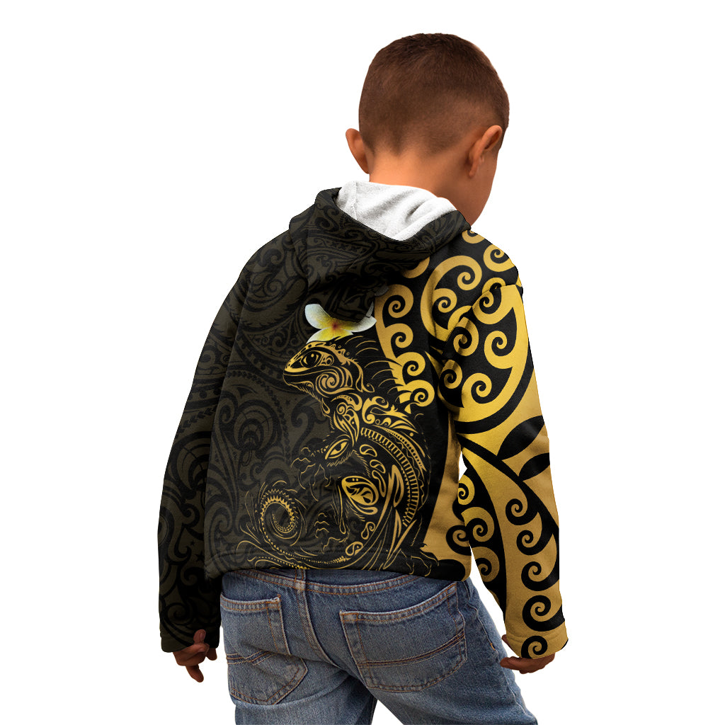 New Zealand Tuatara Plumeria Kid Hoodie Maori Gold Koru Tribal Tattoo LT01 - Polynesian Pride