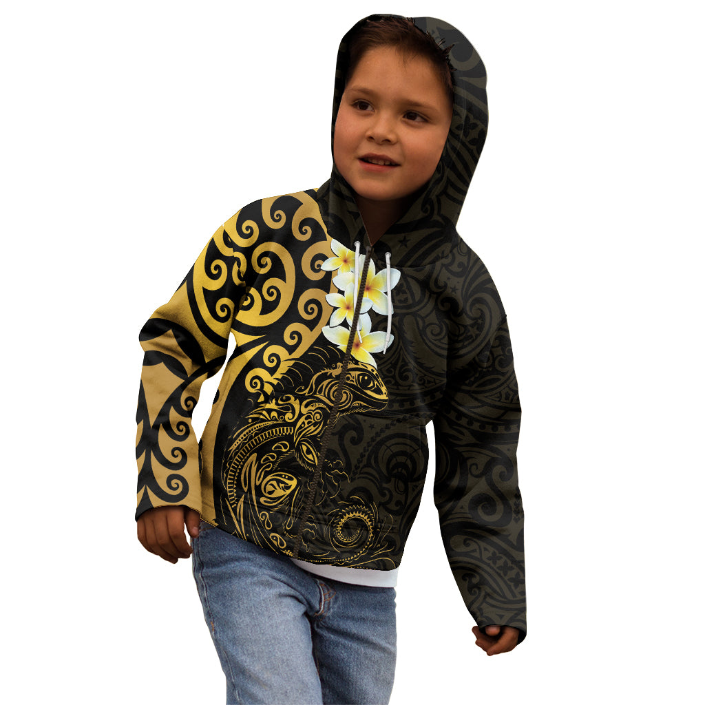 New Zealand Tuatara Plumeria Kid Hoodie Maori Gold Koru Tribal Tattoo LT01 - Polynesian Pride