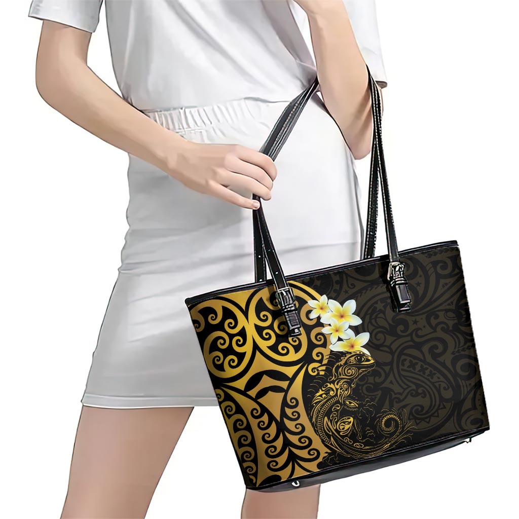 New Zealand Tuatara Plumeria Leather Tote Bag Maori Gold Koru Tribal Tattoo LT01 - Polynesian Pride