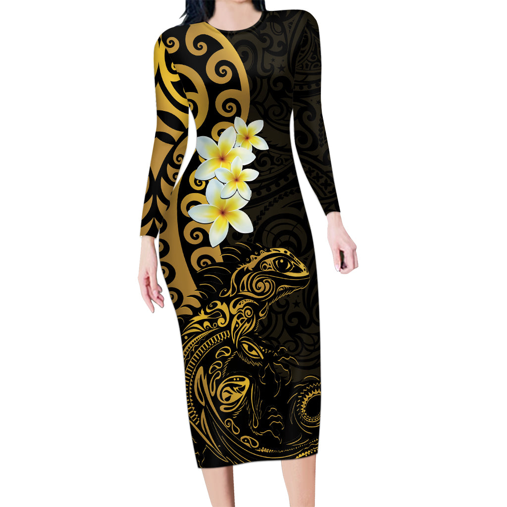 New Zealand Tuatara Plumeria Long Sleeve Bodycon Dress Maori Gold Koru Tribal Tattoo LT01 Long Dress Gold - Polynesian Pride