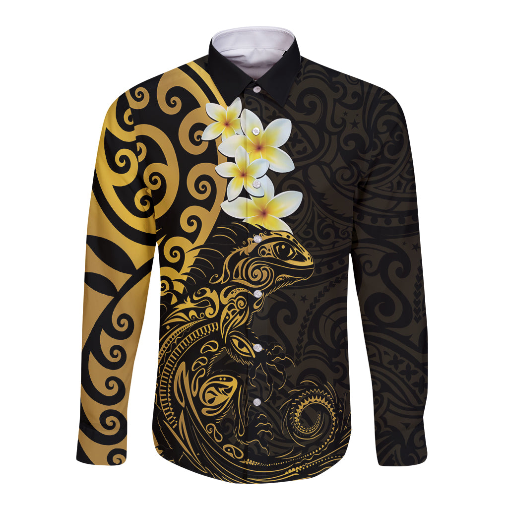 New Zealand Tuatara Plumeria Long Sleeve Button Shirt Maori Gold Koru Tribal Tattoo LT01 Unisex Gold - Polynesian Pride