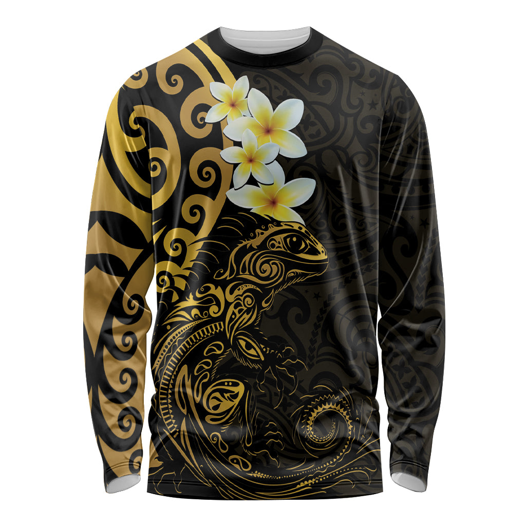 New Zealand Tuatara Plumeria Long Sleeve Shirt Maori Gold Koru Tribal Tattoo LT01 Unisex Gold - Polynesian Pride