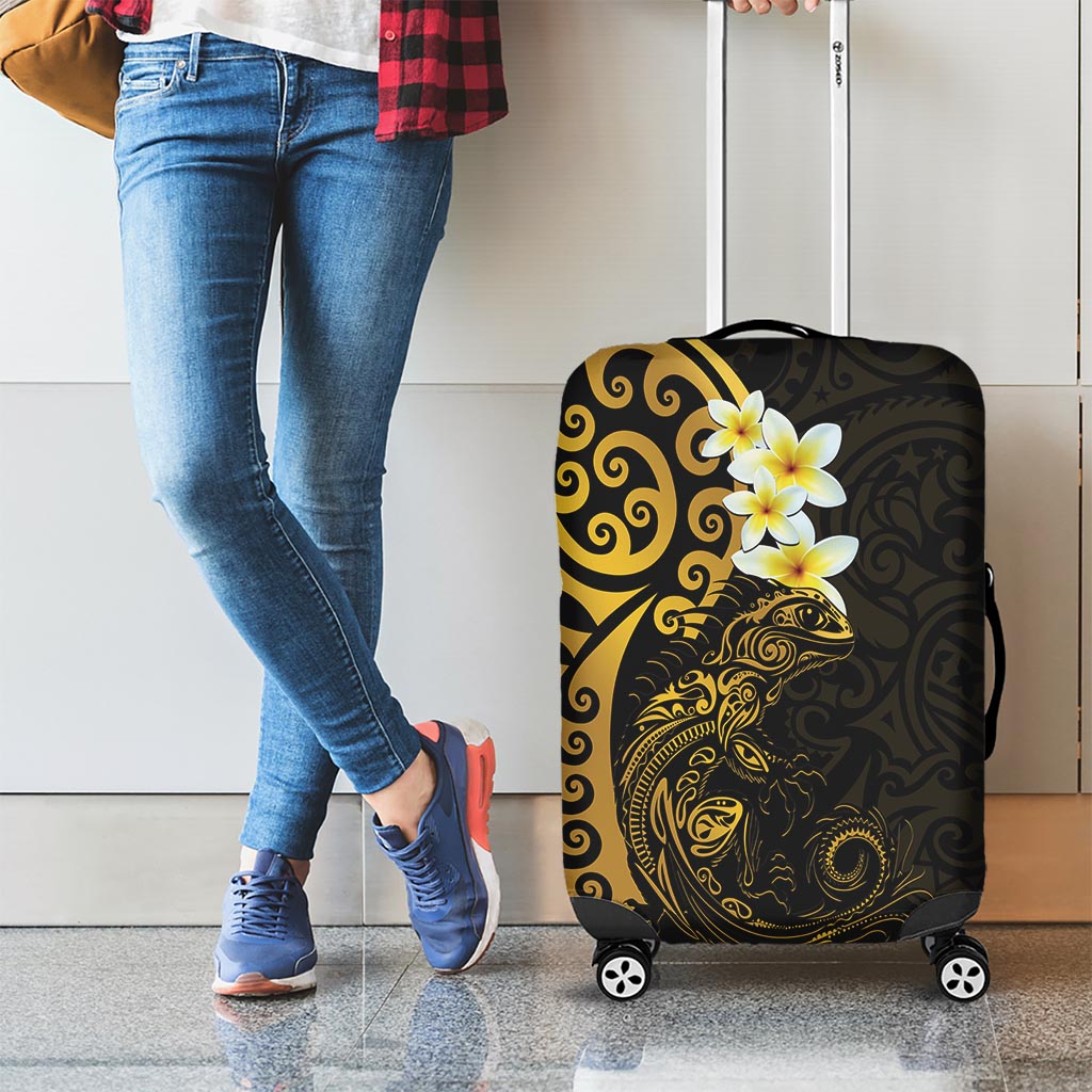 New Zealand Tuatara Plumeria Luggage Cover Maori Gold Koru Tribal Tattoo LT01 - Polynesian Pride