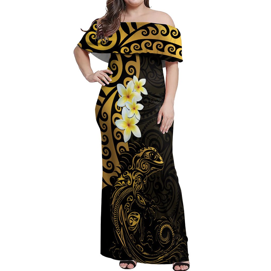 New Zealand Tuatara Plumeria Off Shoulder Maxi Dress Maori Gold Koru Tribal Tattoo LT01 Women Gold - Polynesian Pride