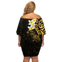 New Zealand Tuatara Plumeria Off Shoulder Short Dress Maori Gold Koru Tribal Tattoo LT01 - Polynesian Pride