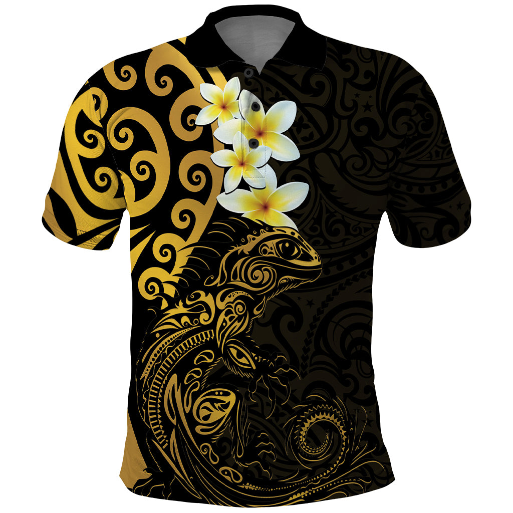 New Zealand Tuatara Plumeria Polo Shirt Maori Gold Koru Tribal Tattoo LT01 Gold - Polynesian Pride