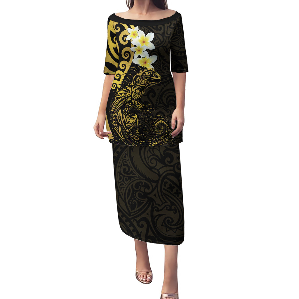 New Zealand Tuatara Plumeria Puletasi Maori Gold Koru Tribal Tattoo LT01 Long Dress Gold - Polynesian Pride