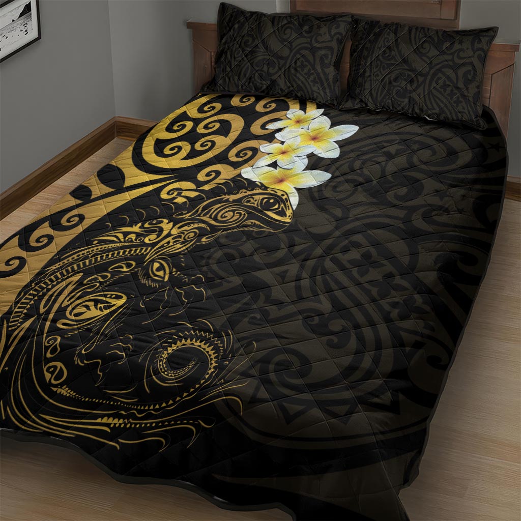 New Zealand Tuatara Plumeria Quilt Bed Set Maori Gold Koru Tribal Tattoo LT01 - Polynesian Pride