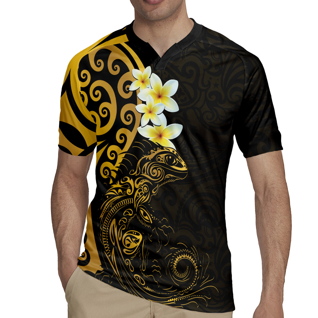 New Zealand Tuatara Plumeria Rugby Jersey Maori Gold Koru Tribal Tattoo LT01 - Polynesian Pride