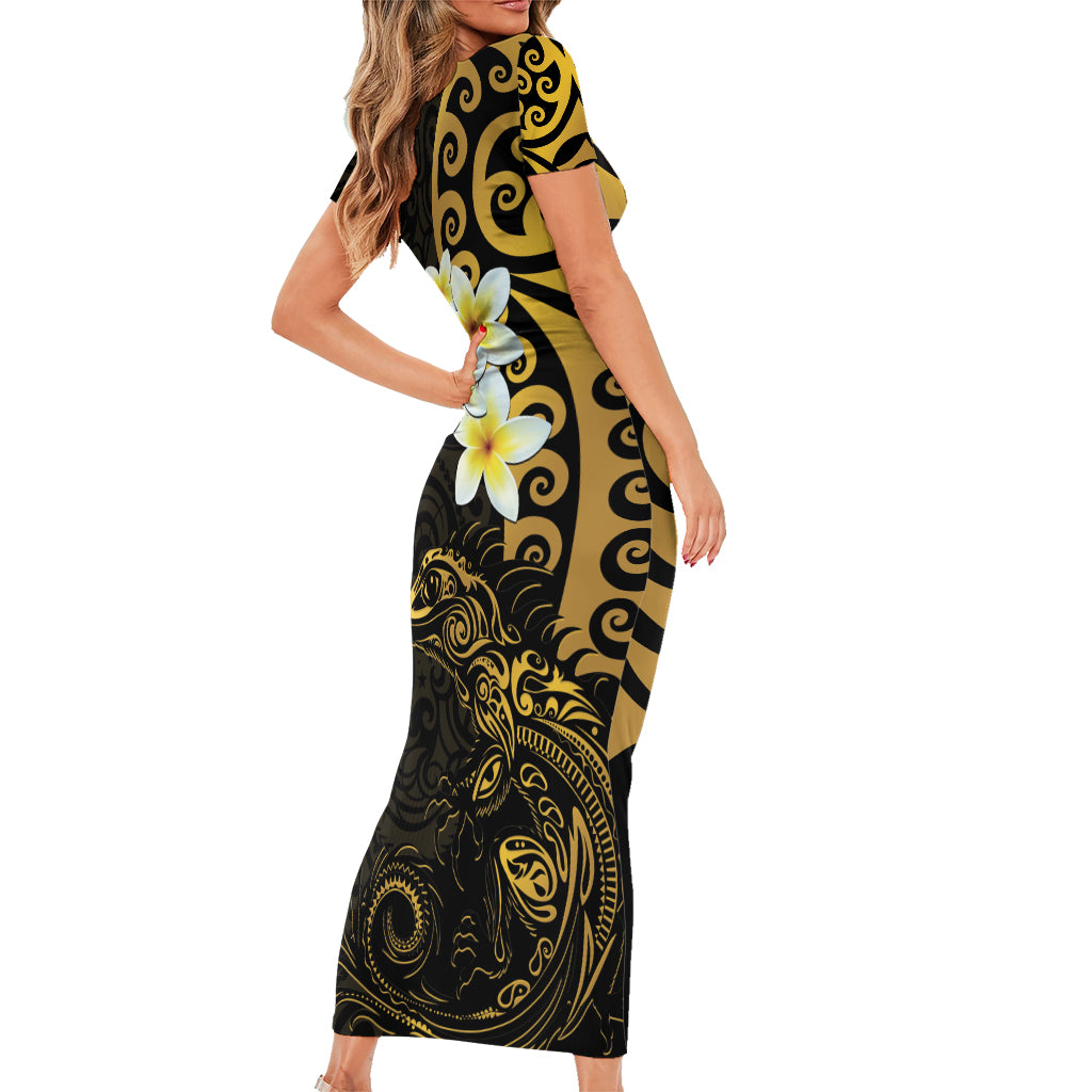 New Zealand Tuatara Plumeria Short Sleeve Bodycon Dress Maori Gold Koru Tribal Tattoo LT01 - Polynesian Pride
