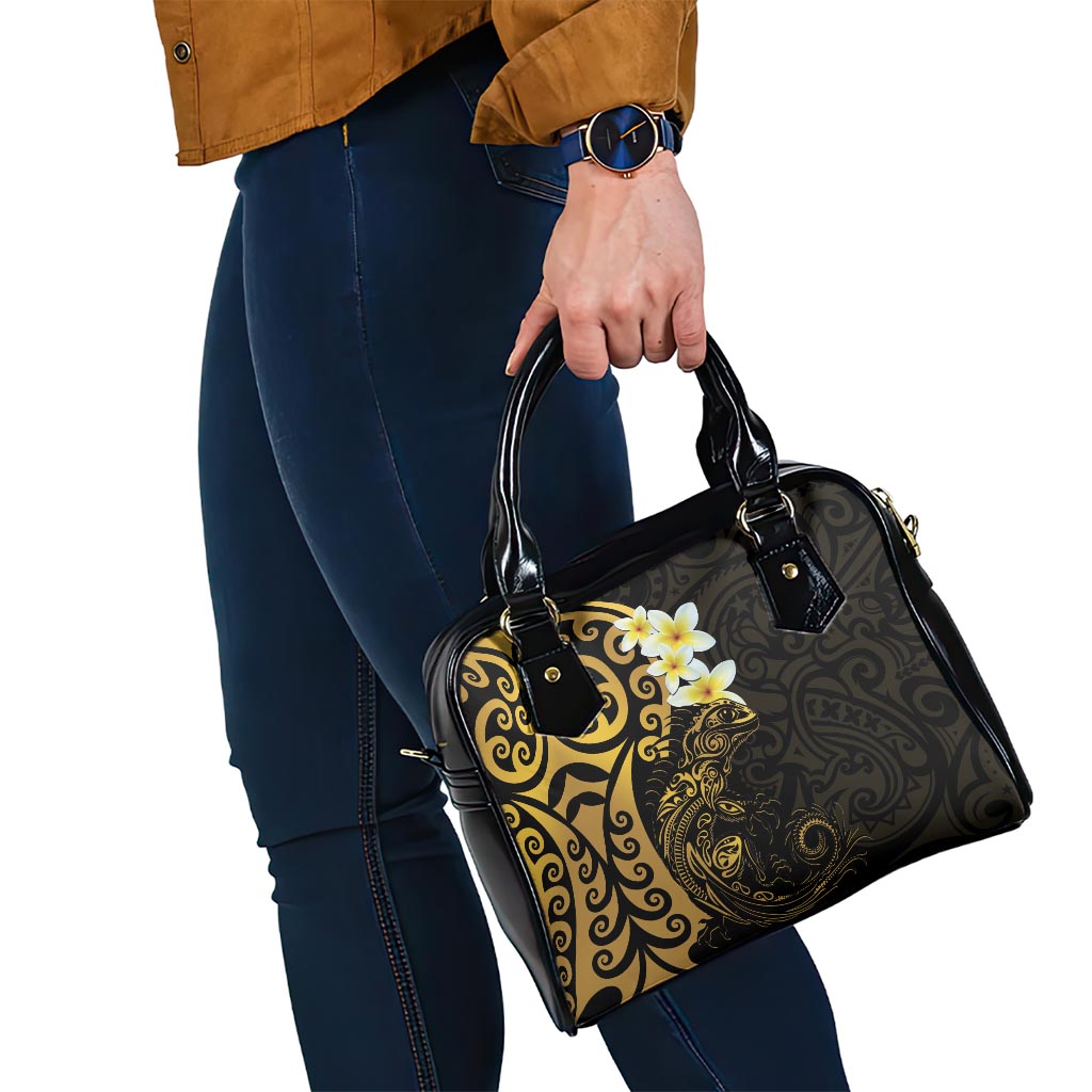 New Zealand Tuatara Plumeria Shoulder Handbag Maori Gold Koru Tribal Tattoo