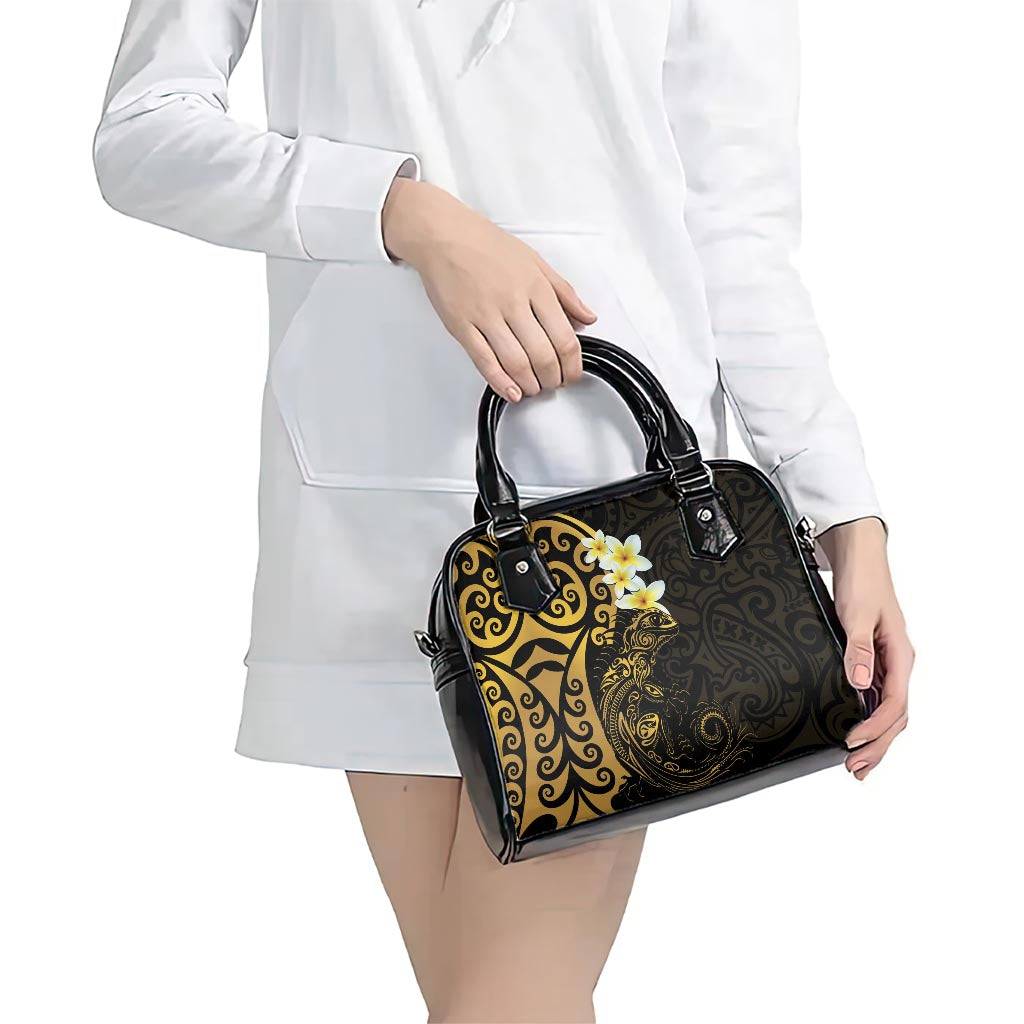New Zealand Tuatara Plumeria Shoulder Handbag Maori Gold Koru Tribal Tattoo