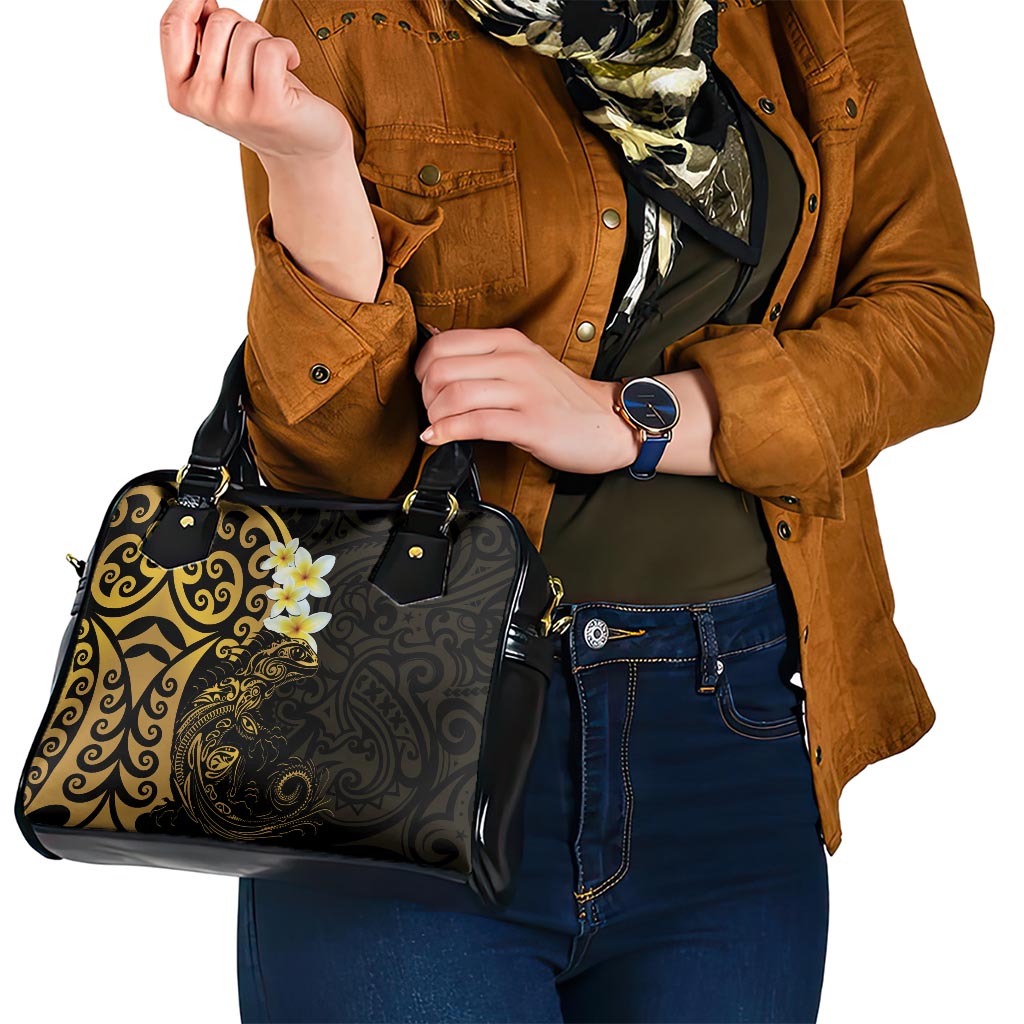 New Zealand Tuatara Plumeria Shoulder Handbag Maori Gold Koru Tribal Tattoo