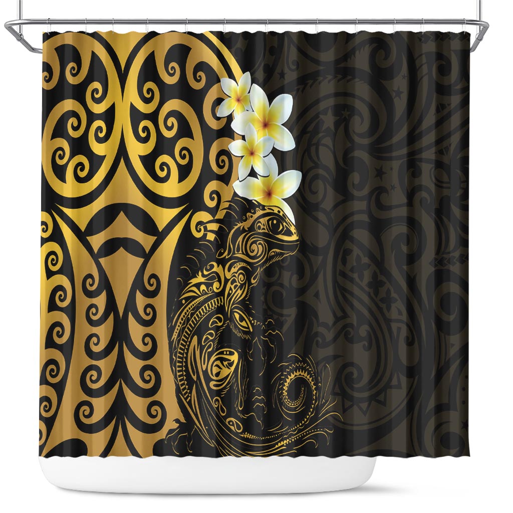 New Zealand Tuatara Plumeria Shower Curtain Maori Gold Koru Tribal Tattoo LT01 Gold - Polynesian Pride