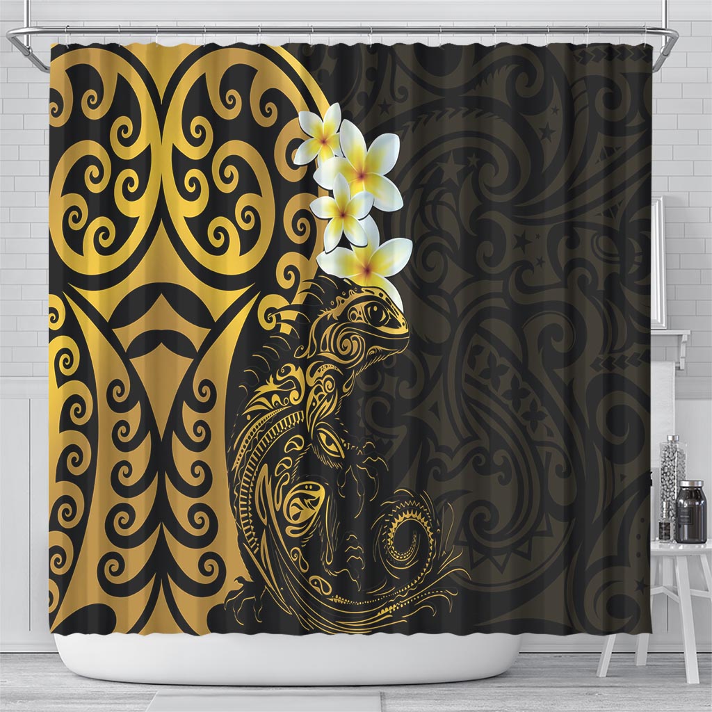 New Zealand Tuatara Plumeria Shower Curtain Maori Gold Koru Tribal Tattoo LT01 - Polynesian Pride