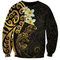 New Zealand Tuatara Plumeria Sweatshirt Maori Gold Koru Tribal Tattoo