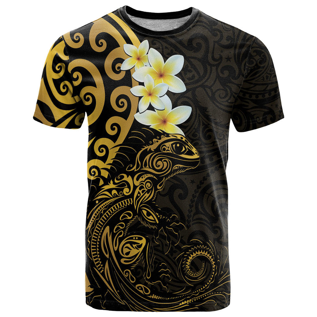 New Zealand Tuatara Plumeria T Shirt Maori Gold Koru Tribal Tattoo