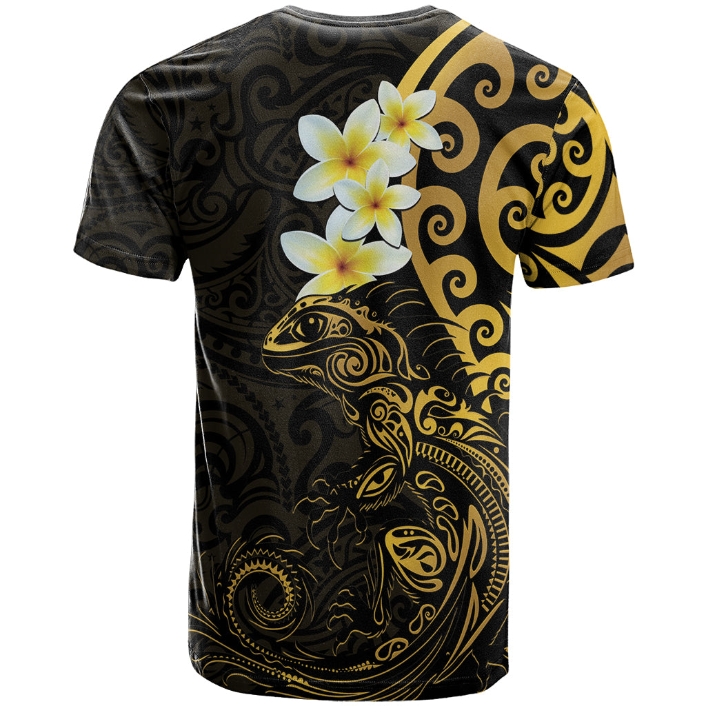 New Zealand Tuatara Plumeria T Shirt Maori Gold Koru Tribal Tattoo