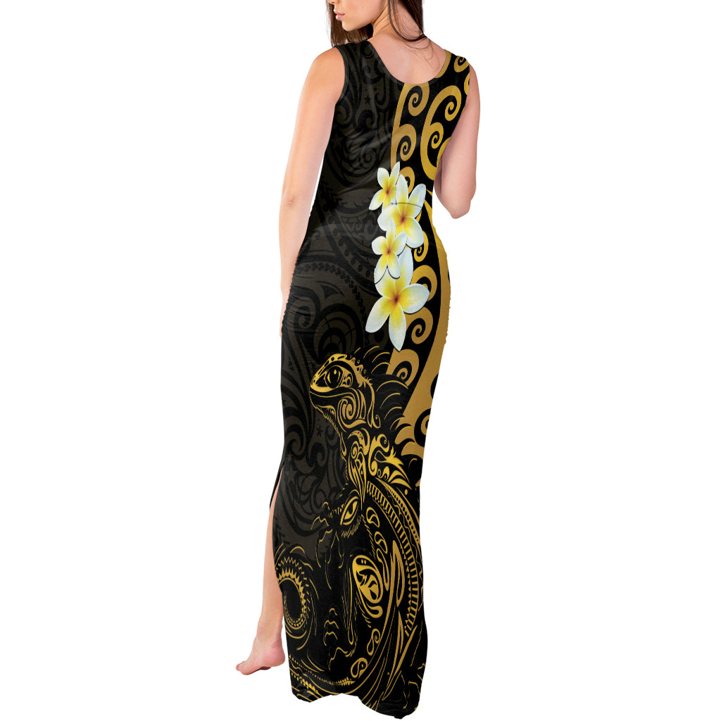 New Zealand Tuatara Plumeria Tank Maxi Dress Maori Gold Koru Tribal Tattoo LT01 - Polynesian Pride