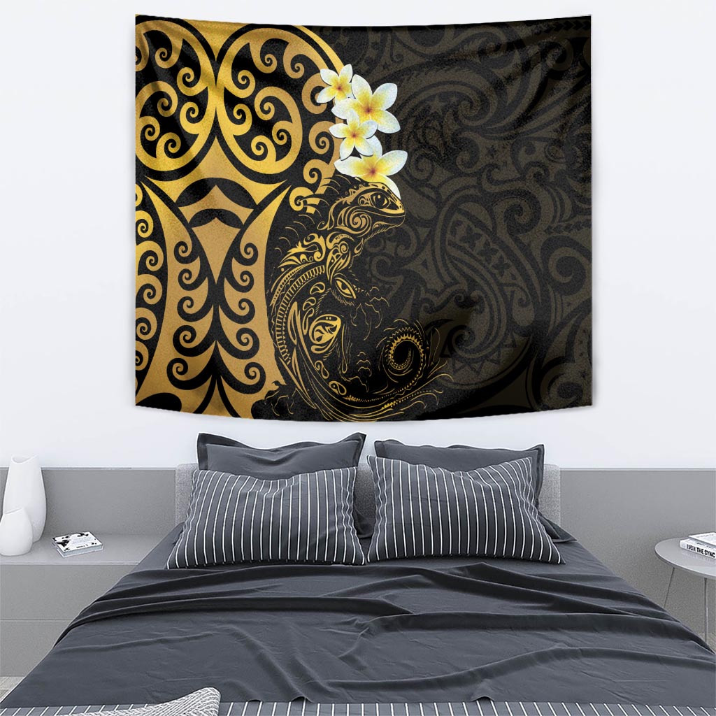 New Zealand Tuatara Plumeria Tapestry Maori Gold Koru Tribal Tattoo