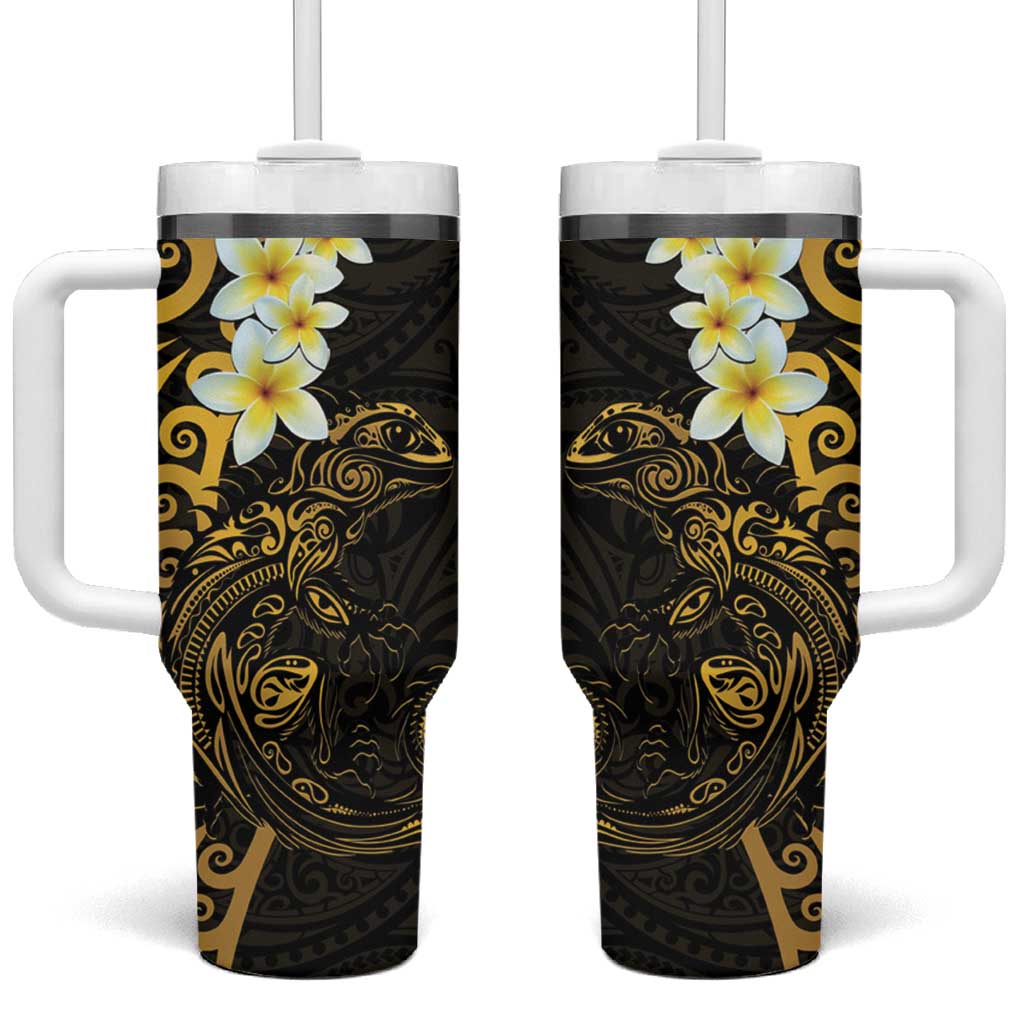 New Zealand Tuatara Plumeria Tumbler With Handle Maori Gold Koru Tribal Tattoo LT01 One Size: 40 oz Gold - Polynesian Pride