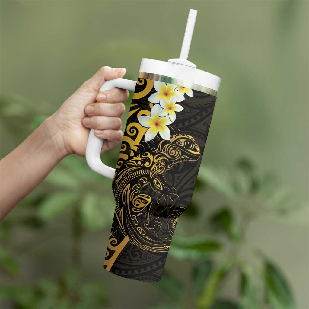 New Zealand Tuatara Plumeria Tumbler With Handle Maori Gold Koru Tribal Tattoo LT01 - Polynesian Pride