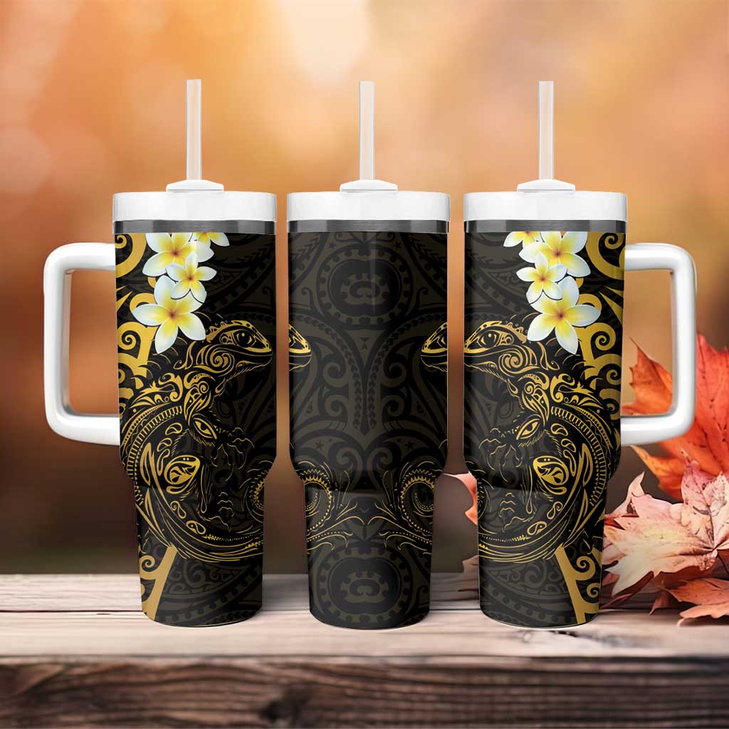 New Zealand Tuatara Plumeria Tumbler With Handle Maori Gold Koru Tribal Tattoo LT01 - Polynesian Pride